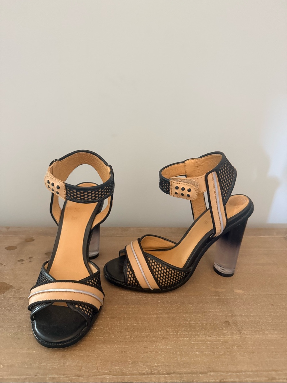 L.A.M.B. Black and Tan Mesh Ankle-Strap Block Heels